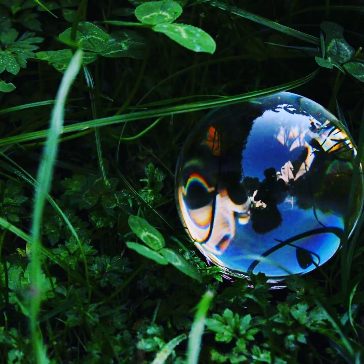 Crystal ball reflecting the sky in a garden