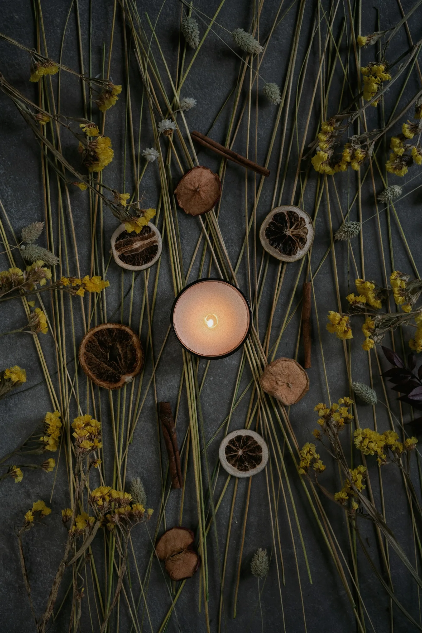 Ritual kit candle surrounded by dried orange slices, cinnamon and herbs